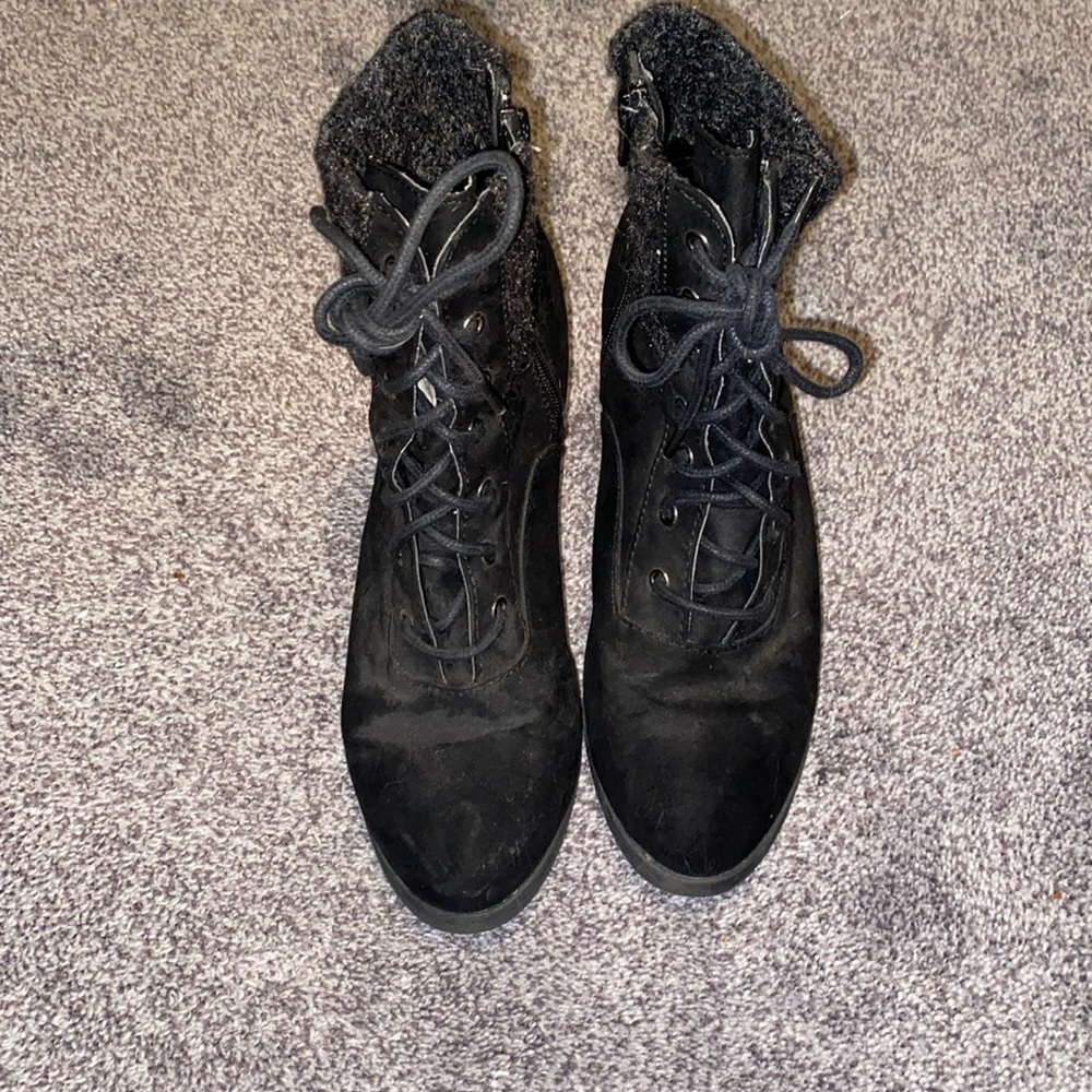 Black wedge heel booties